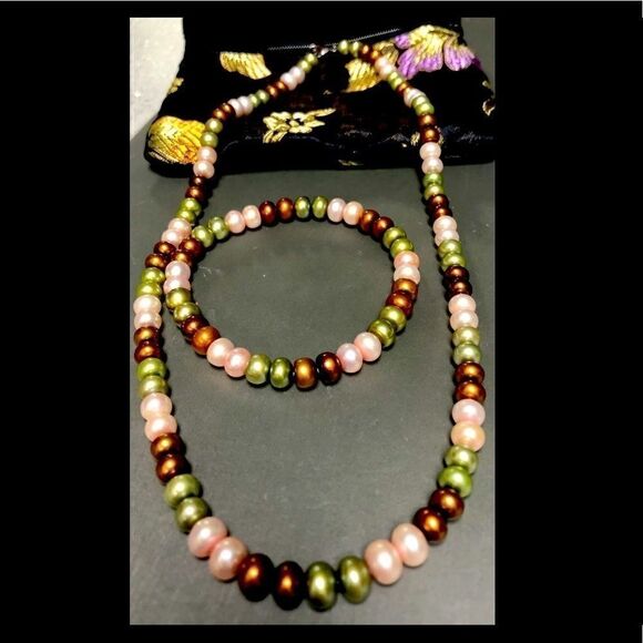 Honora Multi-Color Pearl Necklace & Bracelet Set Sterling Silver 925 - Picture 1 of 5